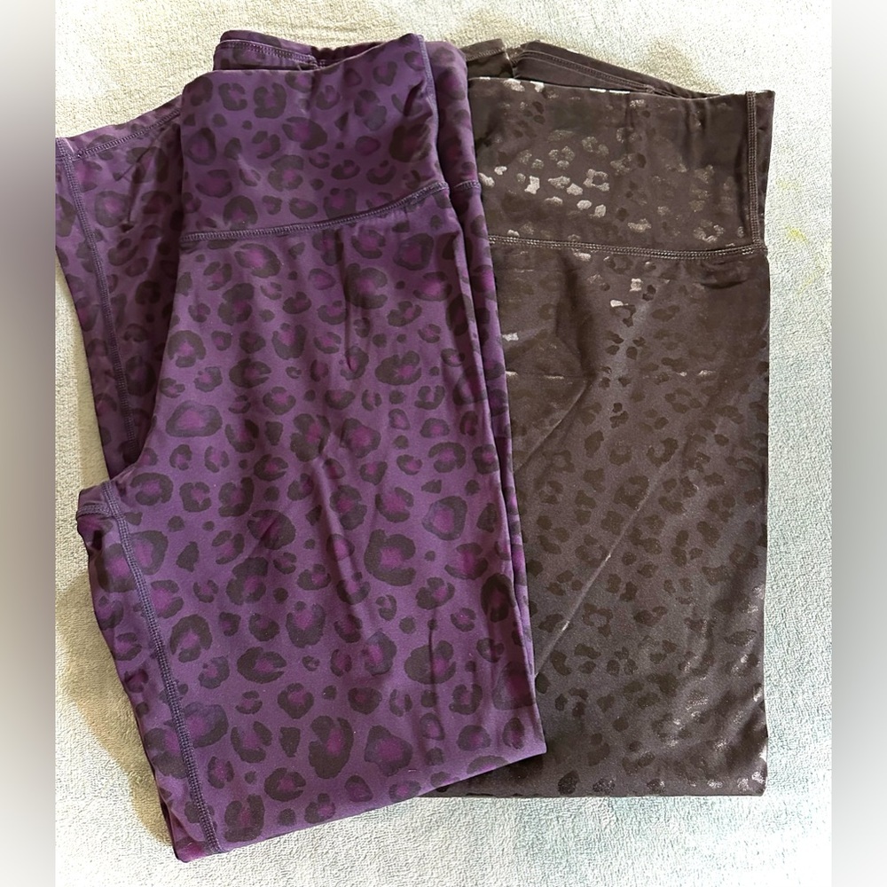 3 Pair of Size Large Leggings- Purple & Black Cheetah Print and Black & White